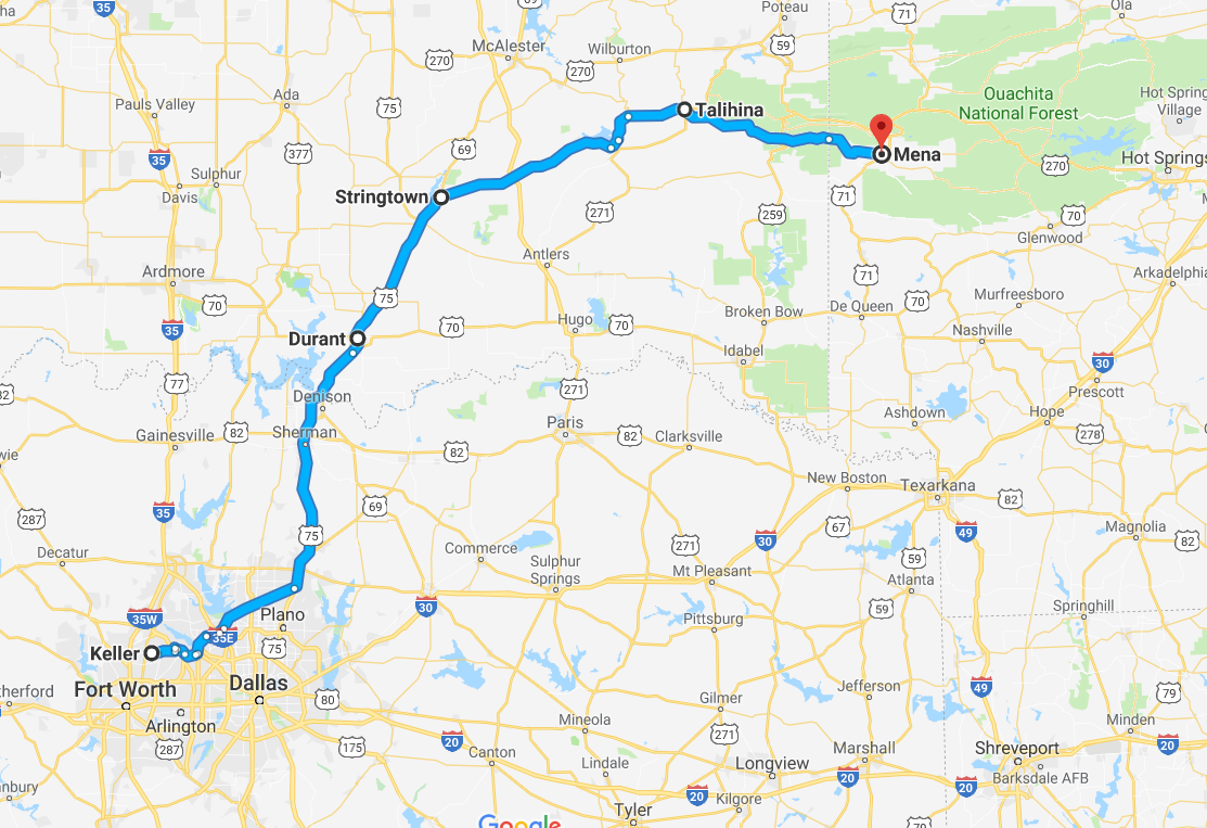 Map Day 1 Keller TX to Mena AR