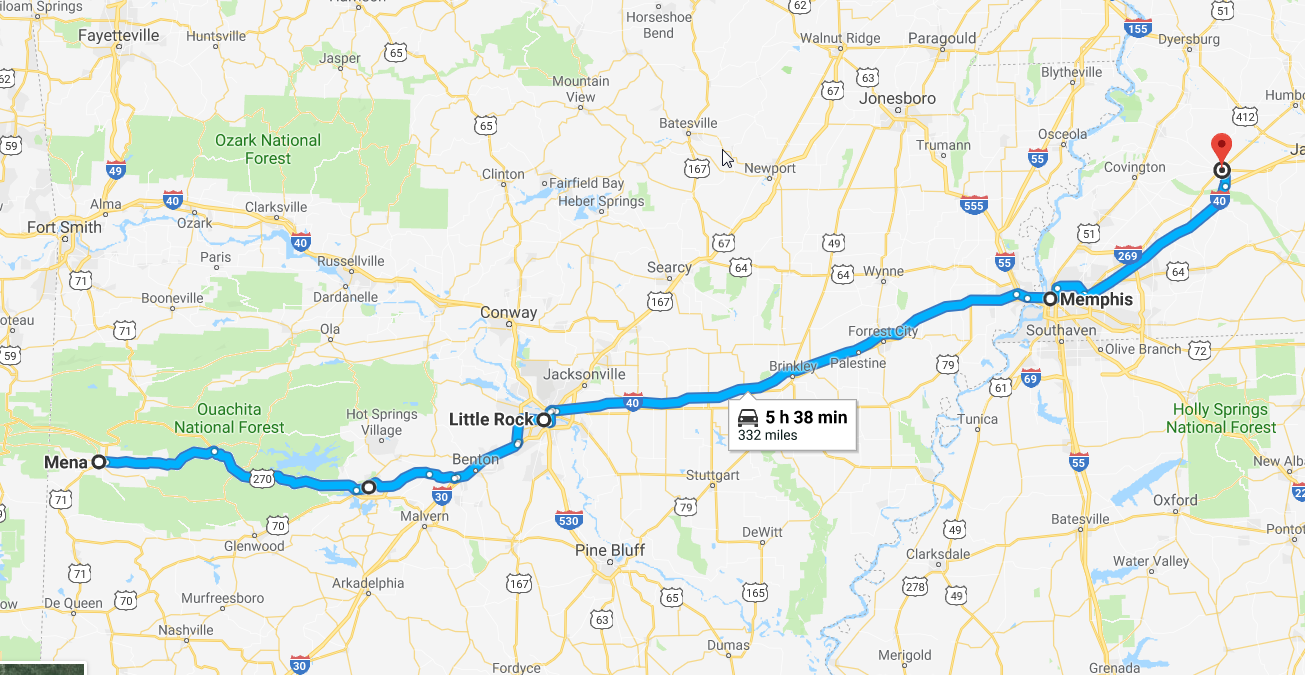 Map Day 2 Mena AR to Brownsville TN