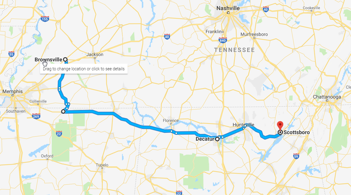 Map Day 3 Brownsville TN to Scottsboro TN