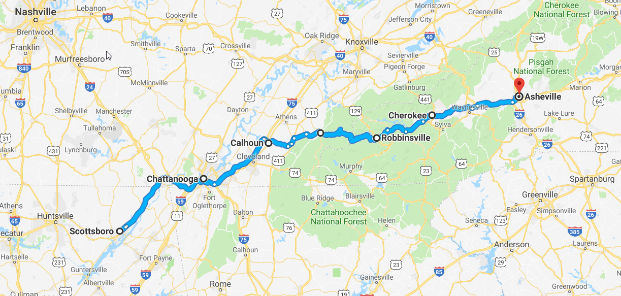 Map Day 4 Scottsboro TN to Asheville NC